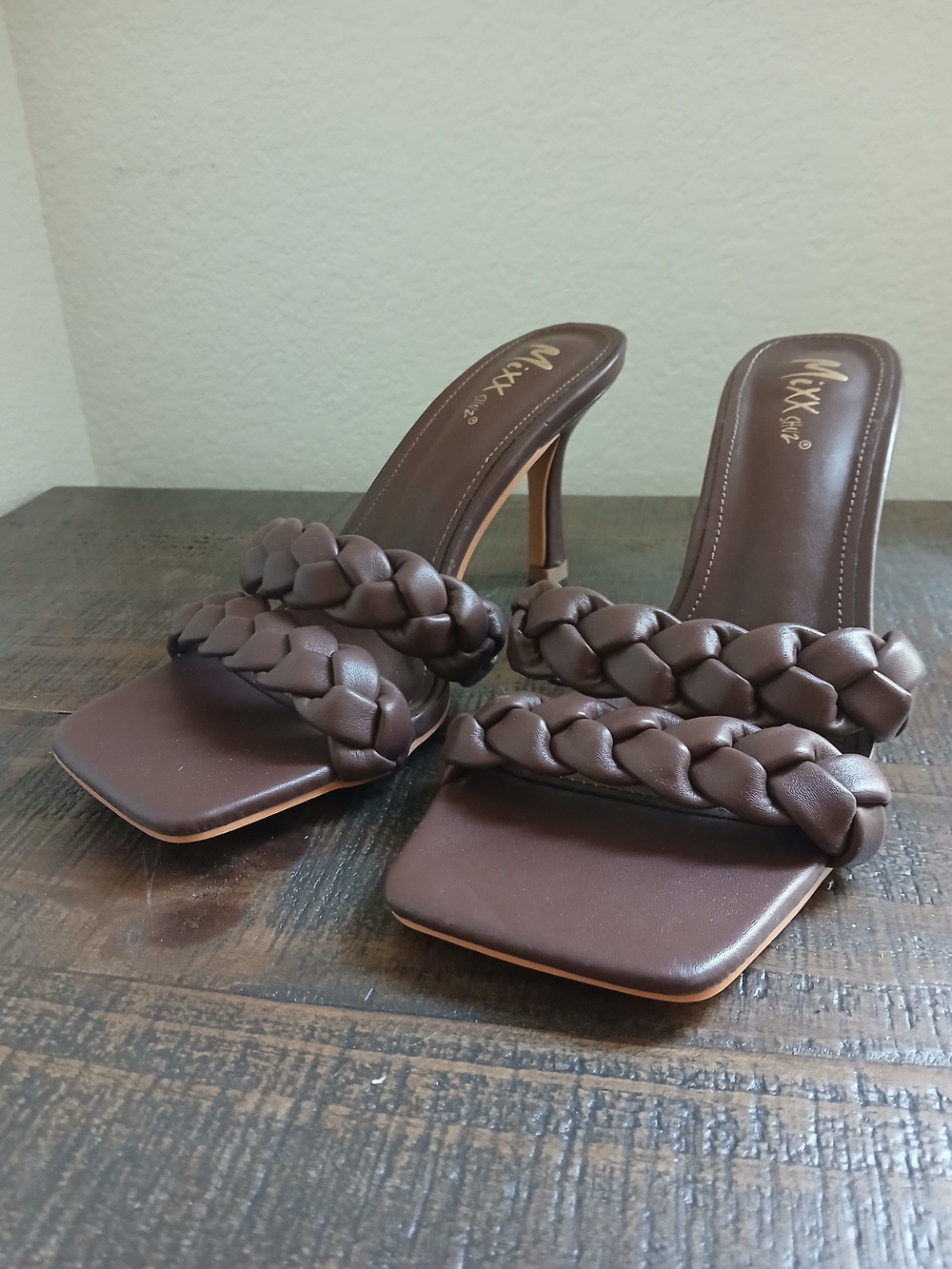 Mixx Shuz Brown Braided Strap Square Toe Heeled Sandals
